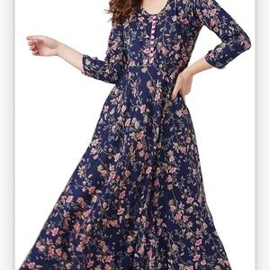 Tissu Floral Flared Kurta Navy Blue Pink Print Women’s Size 38 M